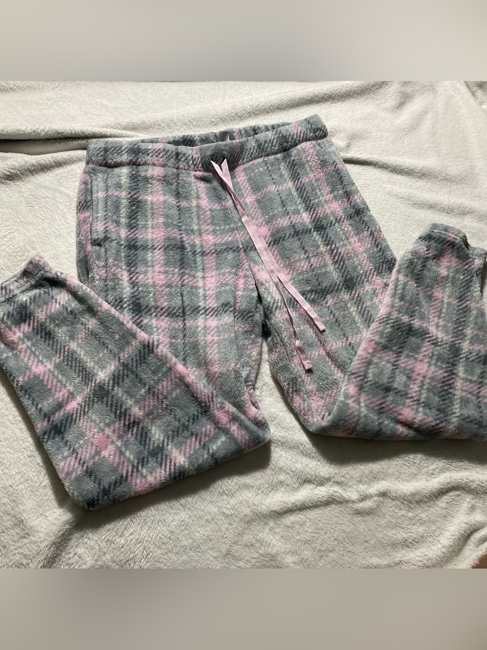 Plaid Fleece Pajama Pants - Gray & Pink - Women